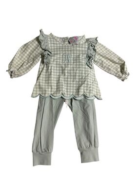 Monogrammed Sage Green Gingham Kids monogrammed with J Set with Ruffle Details